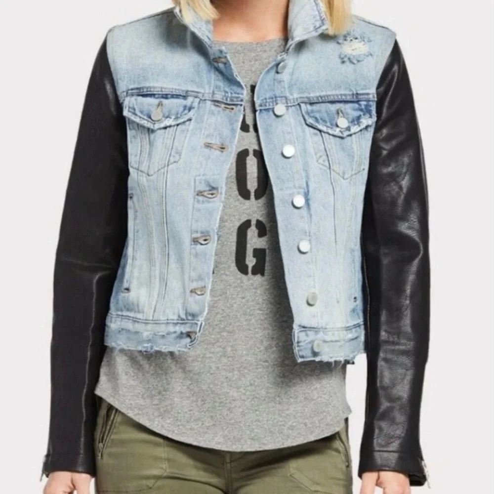 Blank NYC Distressed Jean Jacket w/ Faux Leather Sleeves